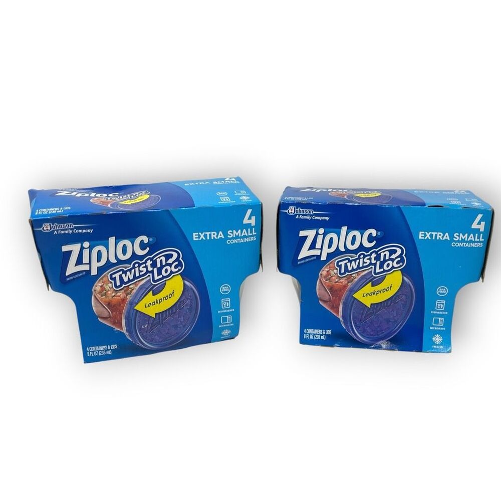 Two Packs Ziploc Twist 'N Loc Food Storage 4 Containers Extra Small 8 Oz New